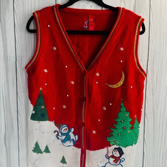 Ugly Christmas Sweater Vest Holiday Womens Medium Red Snowman Winter Wonderland - Picture 1 of 7